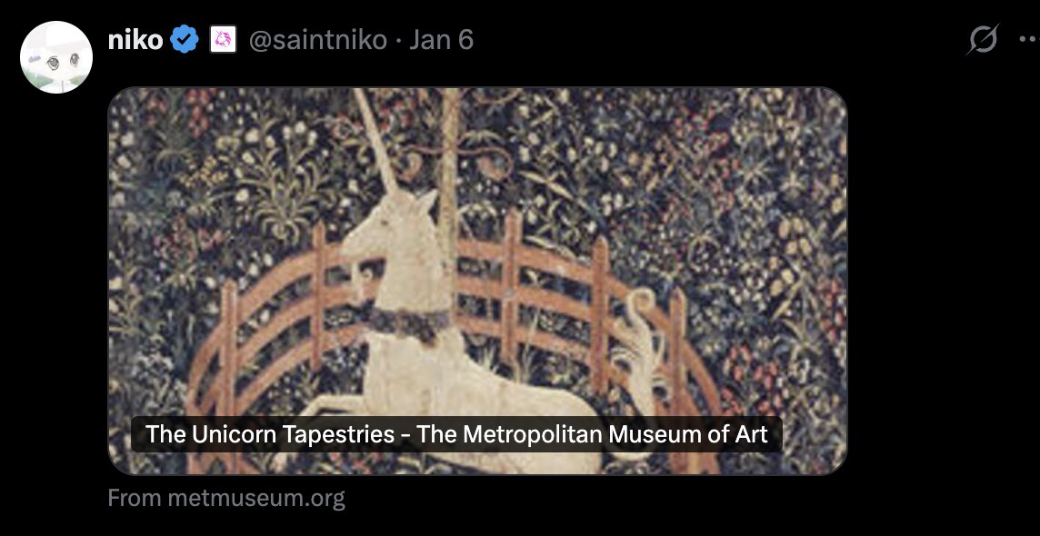 tweet by @saintniko linking the unicorn tapestries page at the metropolitan museum of art