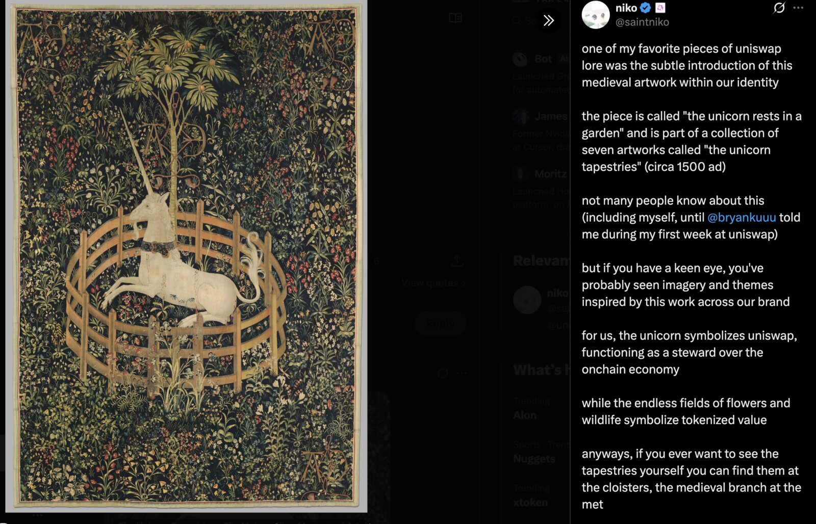 tweet by @saintniko explaining the unicorn tapestries as uniswap lore, shown next to the tapestry